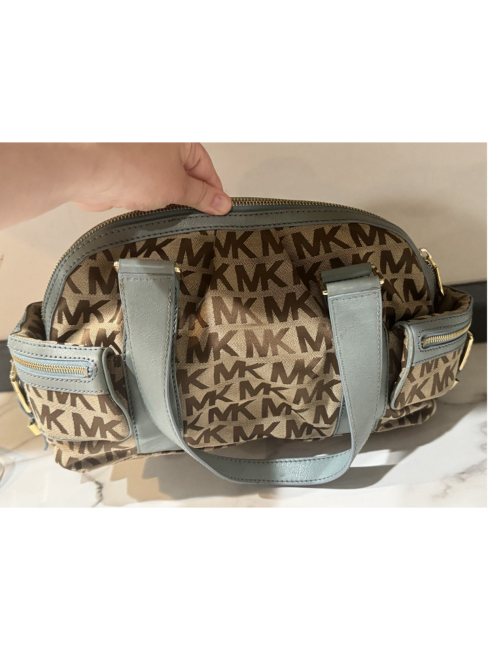 MICHAEL KORS monogram Beige Blue Teal jacquard LARGE satchel Y2K EUC Purse Bag - Picture 4 of 11